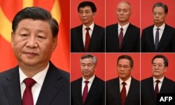 (COMBO) This combination of photos created on October 23, 2022 shows China's President Xi Jinping (L) and other new members of the Communist Party of China's Politburo Standing Committee (top 2nd L to R) Wang Huning, Cai Qi, Zhao Leji, (bottom 2nd L to R) Li Xi, Li Qiang and Ding Xuexiang, as they meet the media in the Great Hall of the People in Beijing on October 23, 2022.