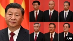 中共领导人习近平和他的新一届新一届中共中央政治局常委成员。