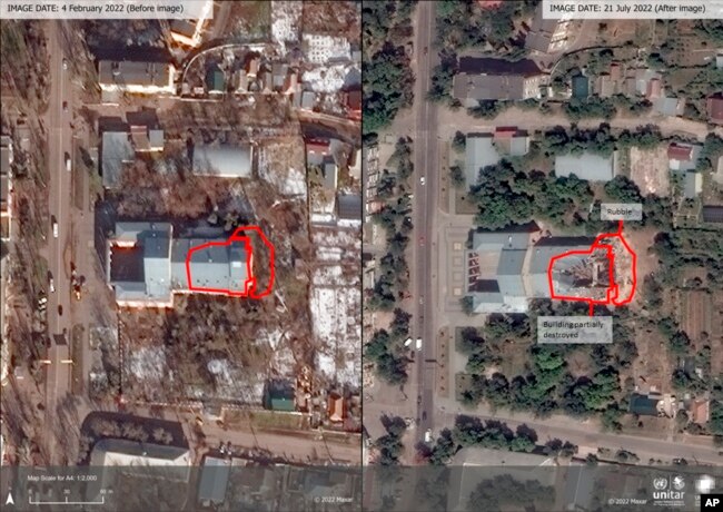 This satellite image provided by Maxar Satellite Imagery Analysis via UNOSAT, shows the ''Korabelny'' Palace of Culture, in Mykolaiv, Ukraine, Feb. 4, 2022, left, and the same site on Thursday, July 21, 2022. (Maxar Satellite Imagery Analysis by UNOSAT vi