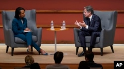 Former Secretary of State Condoleezza Rice, left, and Secretary of State Antony Blinken talk about national security, diplomacy and the evolution and importance of technology to students at Stanford University in Stanford, Calif., Oct. 17, 2022.