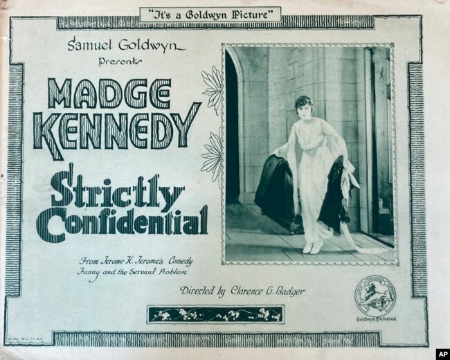 A movie theater lobby card promotes the 1919 silent film "Strictly Confidential." (Photo Courtesy Dwight Cleveland via AP)