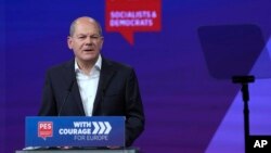 German Chancellor Olaf Scholz delivers a speech during the Congress of the Party of European Socialists (PES) in Berlin, Germany, Oct. 15, 2022. 