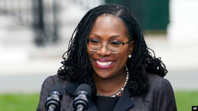 FILE - Ketanji Brown Jackson speaks during an event on the South Lawn of the White House in Washington, April 8, 2022.