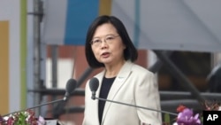 Taiwanese President Tsai Ing-wen in front of the Presidential Building in Taipei, Taiwan, Oct. 10, 2022. War between Taiwan and China, she said, is "absolutely not an option."