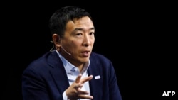 Andrew Yang, former Democratic presidential candidate and founder of the Forward Party, speaks during the Milken Institute Global Conference on Oct. 20, 2021, in Beverly Hills, Calif.