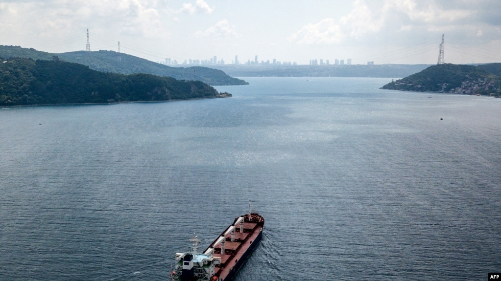 资料照片：2022年8月3日，一张鸟瞰图显示，悬挂塞拉利昂国旗的拉佐尼号货船在接受正式检查后，正沿着博斯普鲁斯海峡驶往黎巴嫩的黎波里，该货船载有来自乌克兰的粮食。(photo:VOA)