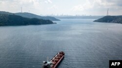 资料照片：2022年8月3日，一张鸟瞰图显示，悬挂塞拉利昂国旗的拉佐尼号货船在接受正式检查后，正沿着博斯普鲁斯海峡驶往黎巴嫩的黎波里，该货船载有来自乌克兰的粮食。