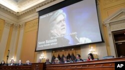 FILE - A video of Steve Bannon speaking is shown as the House select committee investigating the January 6 attack on the U.S. Capitol holds a hearing, on Capitol Hill in Washington, Oct. 13, 2022.