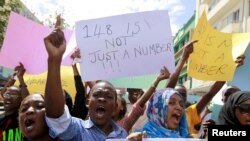 University students join a demonstration condemning the gunmen attack at the Garissa University campus, in the Kenyan coastal port city of Mombasa, April 8, 2015.