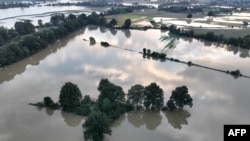 This aerial photograph taken on Sept. 18, 2024, shows a view of the flooded area near the village of Kantorowice, southern Poland. 