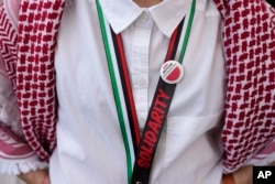 FILE - A protester wearing a pin with a symbol of a watermelon participates in a demonstration calling for a ceasefire in the Israel-Hamas war at the COP28 U.N. Climate Summit, December 3, 2023, in Dubai, United Arab Emirates.