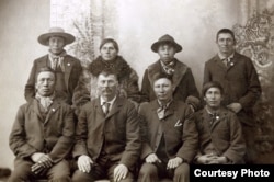 Paul Holytrack (top row, second from right) and Phillip Ireland (bottom row, far right), suspects in the February 1897 murder of a white settler family in Emmons County, N.D. Holytrack, Ireland and Alex Cadotte (not pictured) were lynched by townspeople i