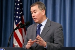 FILE - Under Secretary of Defense for Policy John Rood, speaks during a news conference on the 2018 Nuclear Posture Review, at the Pentagon, Feb. 2, 2018.