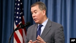 FILE - Under Secretary of Defense for Policy John Rood speaks during a news conference at the Pentagon, Feb. 2, 2018.