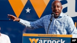 U.S. Senator Raphael Warnock of Georgia speaks at a campaign event in Clarkston, Georgia, on Nov. 3, 2022. Warnock, a Democrat, is running for reelection against Republican candidate Herschel Walker in one of the most-watched races this election.