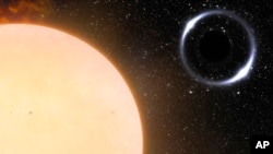 This illustration provided by NOIRLab in November 2022 depicts the closest black hole to Earth and its sun-like companion star. 