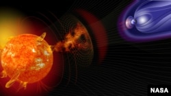 Artist illustration of events on the sun changing the conditions in Near-Earth space which can generate geomagnetic storms. These storms can interrupt radar, radio communications and electrical grids on Earth. (Image Courtesy of NASA)
