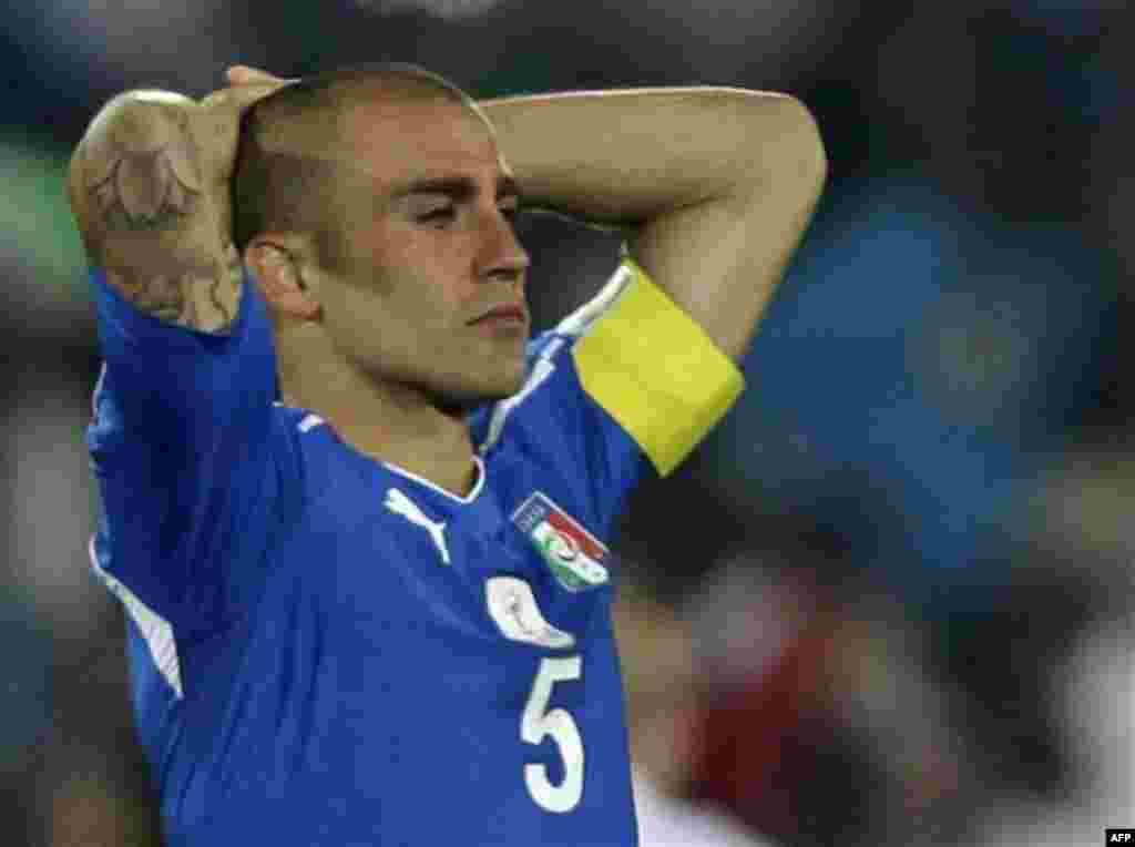 Italy's Fabio Cannavaro reacts at the end of the World Cup group F soccer match between Slovakia and Italy at Ellis Park Stadium in Johannesburg, South Africa, Thursday, June 24, 2010. Slovakia won 3-2. (AP Photo/Alessandra Tarantino)