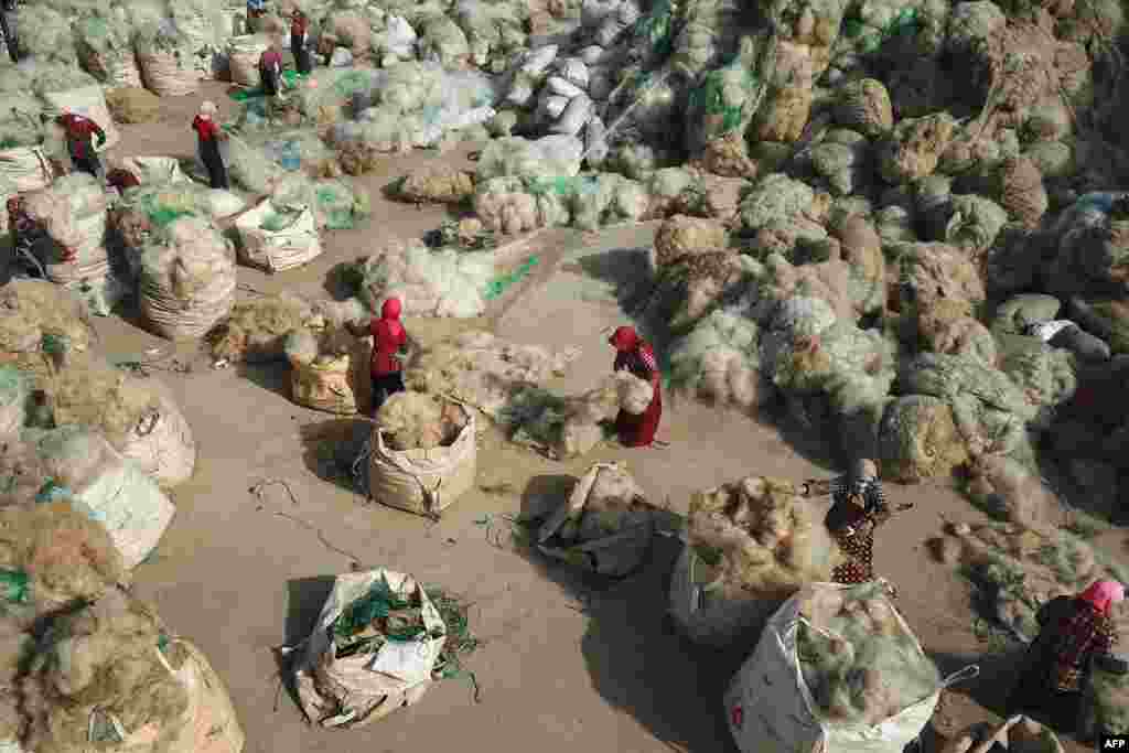 Fishers clear up fishing nets for recycling at a village in Lianyungang, in China&#39;s eastern Jiangsu province.