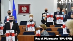 Акция протеста сенаторов в парламенте Польши в поддержку белорусской оппозиции. 25 марта 2021