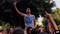 Egyptians demonstrate against President Abdel-Fattah el-Sissi in Mesaha square in Cairo's Dokki district, Monday, April 25, 2016. 