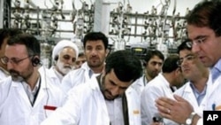 Iranian President Mahmoud Ahmadinejad during visit to the Natanz uranium enrichment facilities some 300 kms, south of the capital Tehran on 8 Apr, 2008.