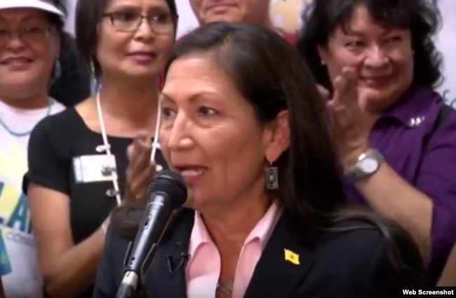 YouTube screengrab of Deb Haaland speaking to supporters after her historic win in New Mexico's primary vote, June 5, 2018.