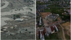 Kombinasi foto udara masjid Al Maghfirah Habib Chiek Kajhu di daerah yang terkena tsunami di pinggiran Banda Aceh, Indonesia, 31 Desember 2004 (kiri), dan masjid yang sama sedang dibangun kembali pada 22 Desember 2024 (kanan).