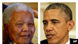 This two-picture combination of file photos shows Nelson Mandela on Aug. 8, 2012 (l) and President Barack Obama on May 31, 2013. 