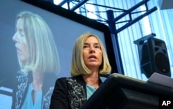 European Union Foreign Policy Chief Federica Mogherini speaks during an EU ambassadors conference at the EU Charlemagne building in Brussels, Belgium, Sept. 3, 2018.