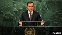 FILE - Polish President Andrzej Duda addresses the U.N. in New York, Sept. 20, 2016. On Dec. 14, 2016, Duda was asked by human rights groups to veto a freedom of assembly bill.