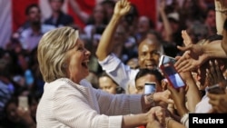 Democratic U.S. presidential candidate Hillary Clinton greets supporters during her California primary night rally held in the Brooklyn borough of New York, June 7, 2016. 