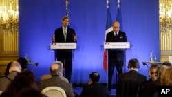 U.S. Secretary of State John Kerry holds a news conference with French Minister of Foreign Affairs Laurent Fabius, at the Foreign Ministry in Paris, Feb. 27, 2013. 