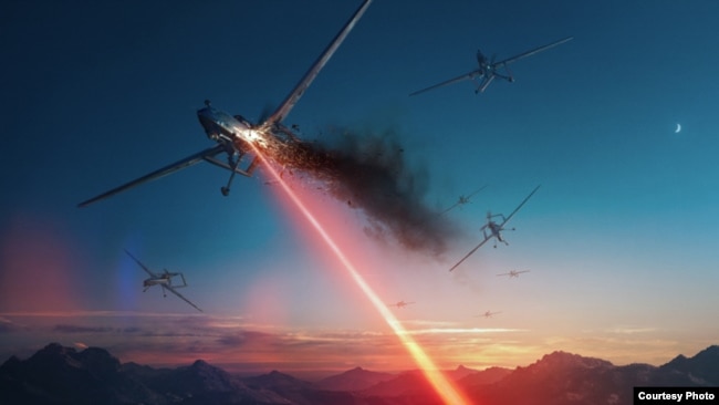 This image is a depiction of laser weapon technology being developed by Lockheed Martin that the company says could be used to protect against attacks from drones or missiles. (Lockheed Martin)