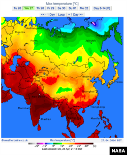 This map from NASA shows land surface temperatures throughout Asia.