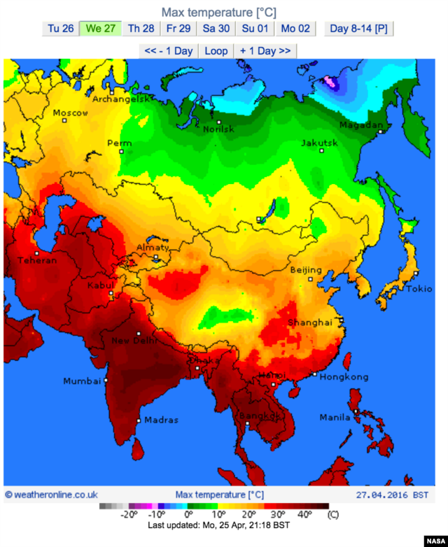 This map from NASA shows land surface temperatures throughout Asia.