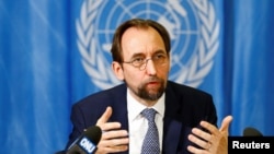 FILE - United Nations High Commissioner for Human Rights Zeid Raad al-Hussein of Jordan speaks during a news conference at the United Nations European headquarters in Geneva, Switzerland, May 1, 2017.