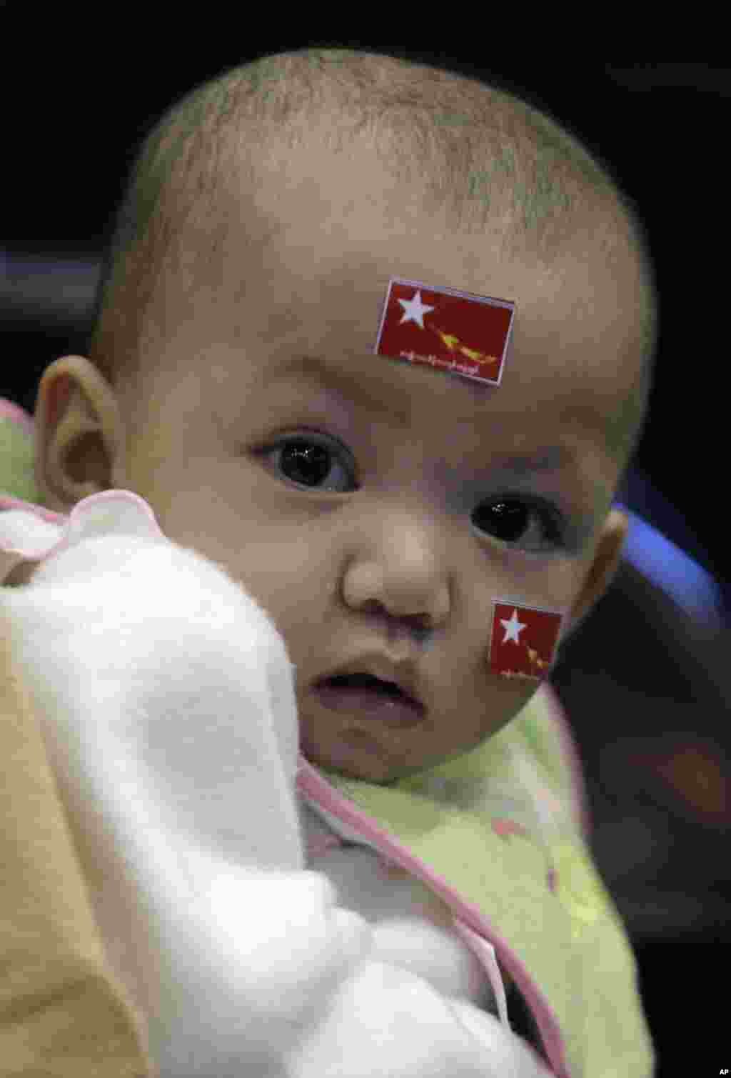 An infant in the audience wears the flag of Aung San Suu Kyi's National League for Democracy as the Burmese pro-democracy leader speaks in Fort Wayne, Indiana, September 25, 2012. 