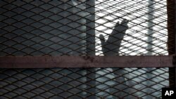 FILE - A defendant is seen gesturing from a cage in a courtroom in Torah prison, southern Cairo, Egypt, Aug. 22, 2015. Activist Islam Marei was reportedly sentenced Tuesday to three years in prison for criticizing the government.