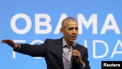 FILE - Former U.S. President Barack Obama speaks during an Obama Foundation event in Kuala Lumpur, Malaysia, Dec. 13, 2019. 