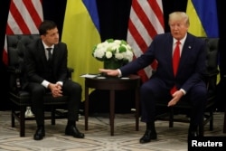 U.S. President Donald Trump speaks during a bilateral meeting with Ukraine's President Volodymyr Zelenskiy on the sidelines of the 74th session of the U.N. General Assembly in New York, Sept. 25, 2019.