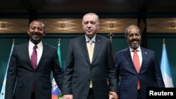 Rais wa Uturuki Tayyip Erdogan (katikati) akiwa na Rais wa Somali Hassan Sheikh Mohamud (kulia) na Waziri Mkuu wa Ethiopia Abiy Ahmed kufuatia mkutano wa waandishi wa habari huko Ankara, Uturuki, Desemba 11, 2024. Murat Kula/Presidential Press Office/Handout via REUTERS 