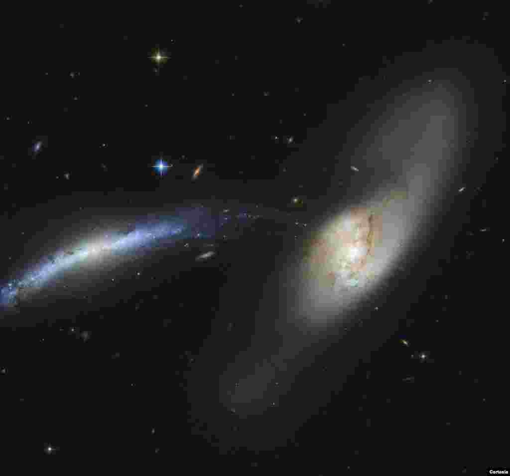 En esta espectacular imagen la galaxia NGC 2799 (a la izquierda) aparentemente est&#225; siendo empujada hacia el centro de la galaxia NGC 2798 (a la derecha). [Foto: Cortes&#237;a NASA].