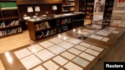 Part of a collection of 110 manuscript pages written by Albert Einstein that were unveiled by Israel's Hebrew University are seen on display at the university in Jerusalem, March 6, 2019..