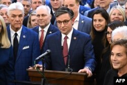 Mike Johnson (C) (R-LA) speaks after being nominated Republican speaker of the US House of Representatives at Capitol Hill, in Washington, DC on October 24, 2023.