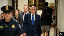 Michael McKinley, a former top aide to Secretary of State Mike Pompeo, leaves Capitol Hill in Washington, Oct. 16, 2019.