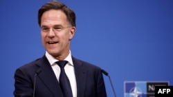 FILE - Netherlands' Prime Minister Mark Rutte reacts during a press conference at the NATO headquarters in Brussels, on April 17, 2024.