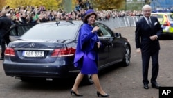 FILE - King Carl XVI Gustaf and Queen Silvia of Sweden, left, arrive at the King's House in Lund, Sweden, Oct. 31, 2016.