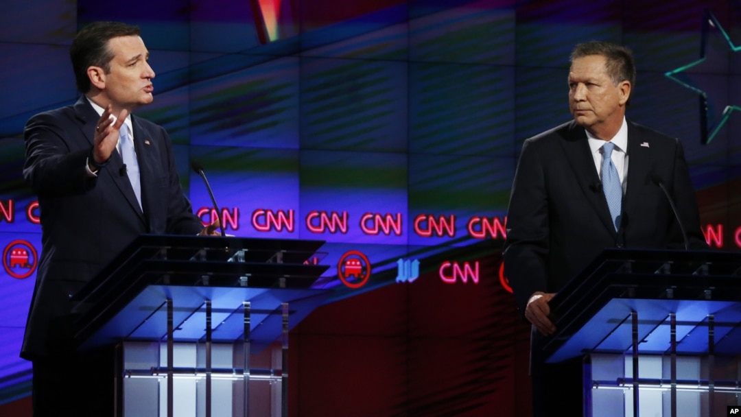 Ứng cử viên tổng thống của đảng Cộng hòa Ted Cruz và John Kasich trong một cuộc tranh luận tại Đại học Miami, ngày 10/3/2016.