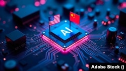 AI 패권을 둘러싼 미국과 중국의 경쟁을 나타낸 일러스트레이션. AI 칩 주변에 미국 국기와 중국 국기가 꽂혀있다.